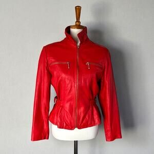 Vintage Cherry Red Leather Moto Jacket 90s